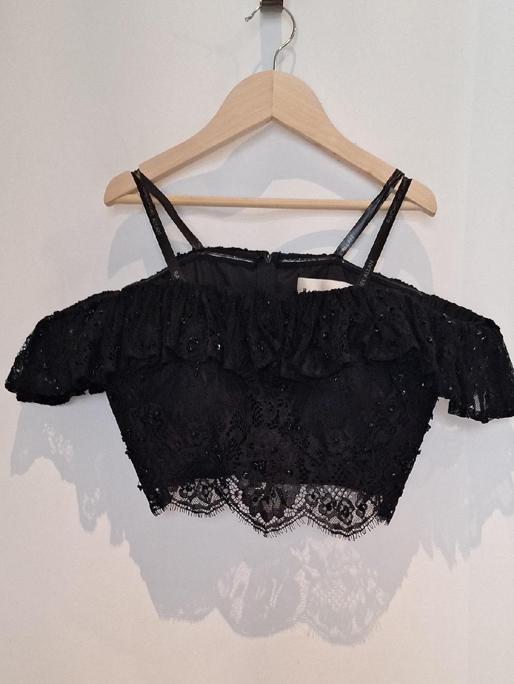 Rachel Allan Black Lace & Hand Beaded Off-Shoulder Crop Top